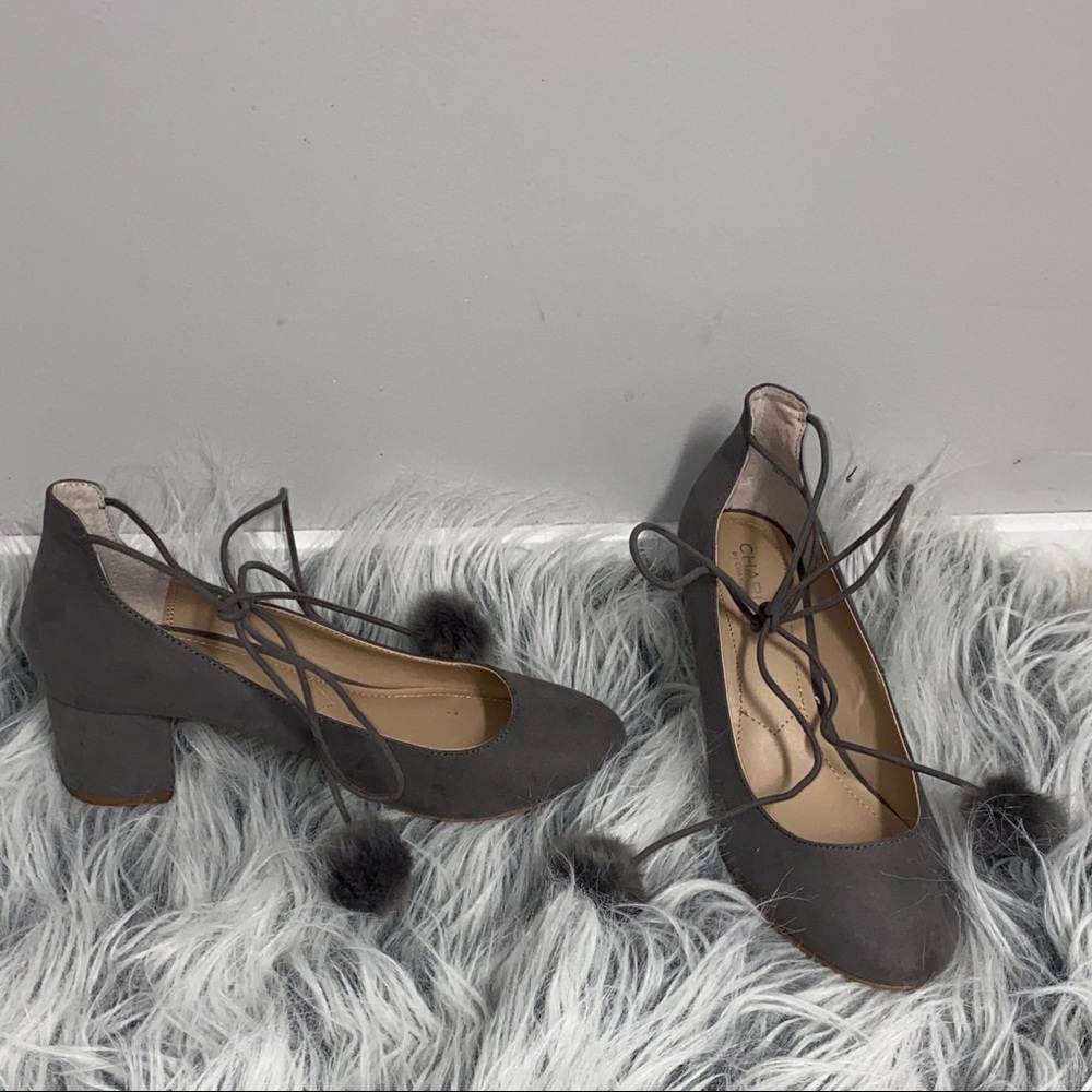 Suede Grey Heels with Pom Ties